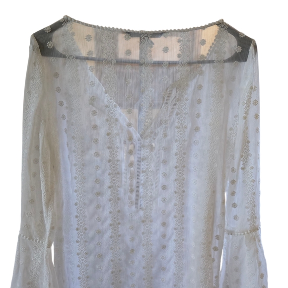 White House Black Market Sheer Embroidered Bell Sleeve Tunic Top XS - Picture 5 of 8